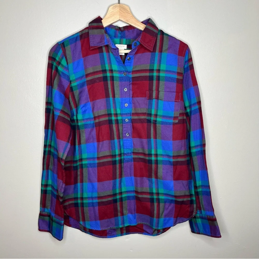 J. Crew Half Button Multi Color Plaid Checkered Long Sleeve Shirt Size Small - Picture 9 of 9